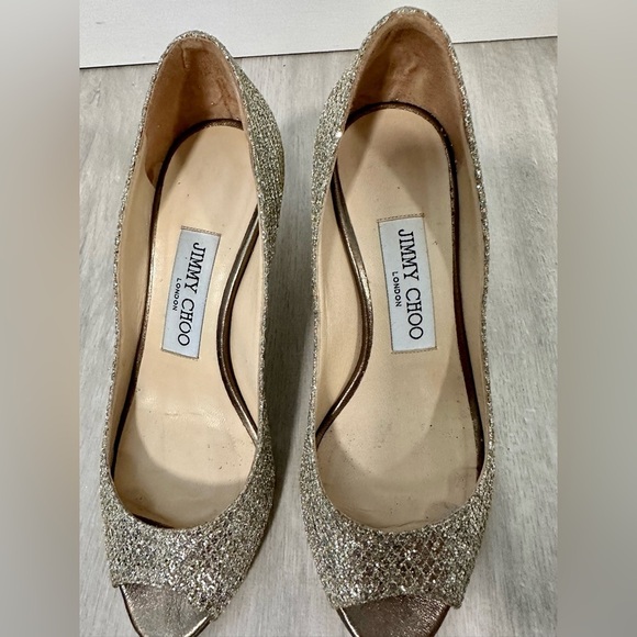 Jimmy Choo Open Toe Champagne Metallic Silver Heels Sz 34 - Picture 6 of 12